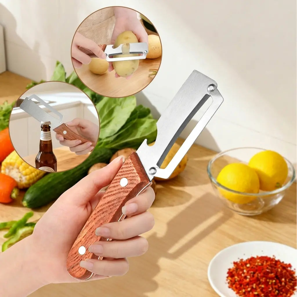 Wooden-Handled Vegetable & Fruit Peeler - Stainless Steel Blade with Built-In Bottle Opener, Ergonomic Kitchen Tool