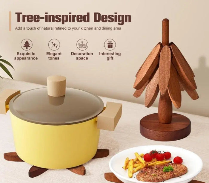 New Wooden Coasters Set for Hot Dishes - Christmas Tree Design! Foldable Home Kitchen Decor for Pots, Bowls, Cups & Hot Pots Kitchenware