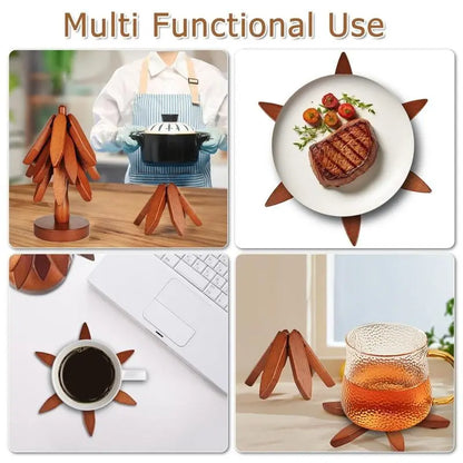 New Wooden Coasters Set for Hot Dishes - Christmas Tree Design! Foldable Home Kitchen Decor for Pots, Bowls, Cups & Hot Pots Kitchenware