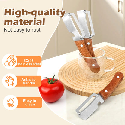 Wooden-Handled Vegetable & Fruit Peeler - Stainless Steel Blade with Built-In Bottle Opener, Ergonomic Kitchen Tool