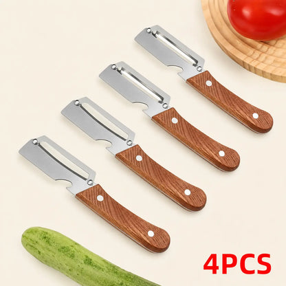 Wooden-Handled Vegetable & Fruit Peeler - Stainless Steel Blade with Built-In Bottle Opener, Ergonomic Kitchen Tool