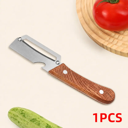 Wooden-Handled Vegetable & Fruit Peeler - Stainless Steel Blade with Built-In Bottle Opener, Ergonomic Kitchen Tool
