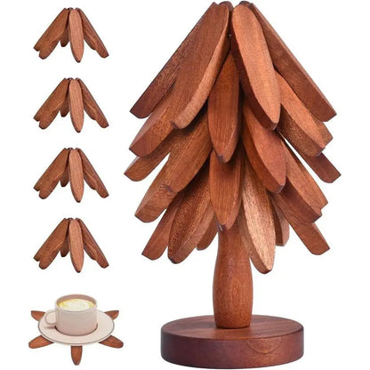 New Wooden Coasters Set for Hot Dishes - Christmas Tree Design! Foldable Home Kitchen Decor for Pots, Bowls, Cups & Hot Pots Kitchenware