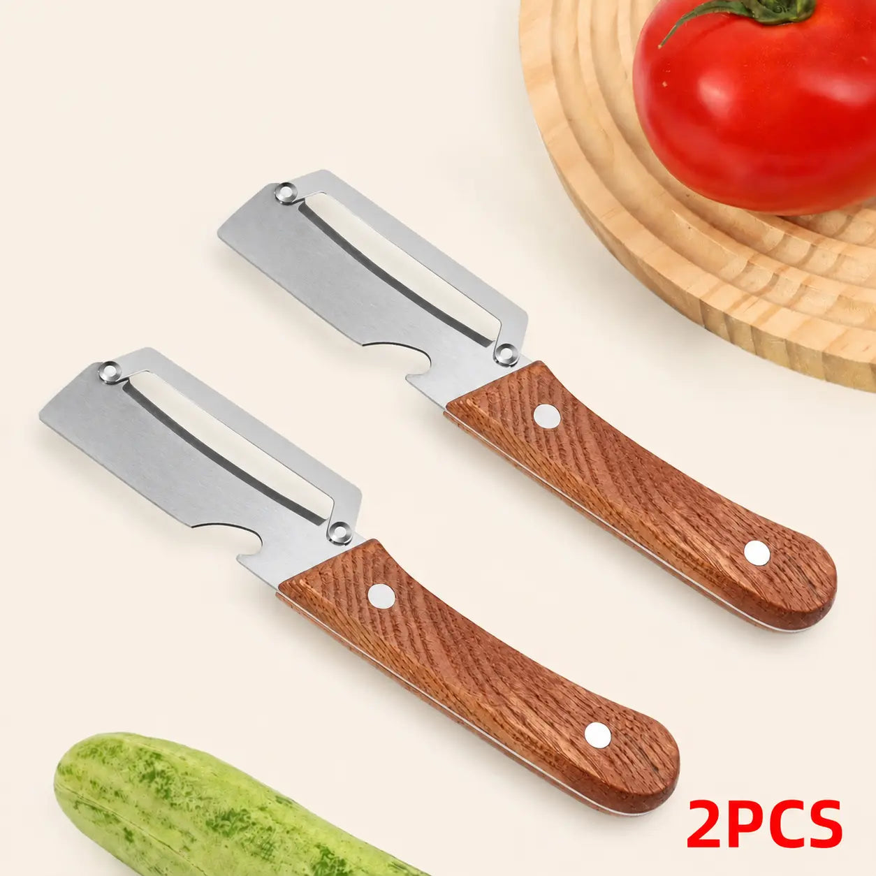 Wooden-Handled Vegetable & Fruit Peeler - Stainless Steel Blade with Built-In Bottle Opener, Ergonomic Kitchen Tool