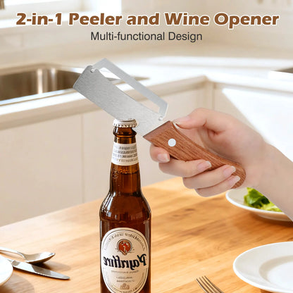 Wooden-Handled Vegetable & Fruit Peeler - Stainless Steel Blade with Built-In Bottle Opener, Ergonomic Kitchen Tool