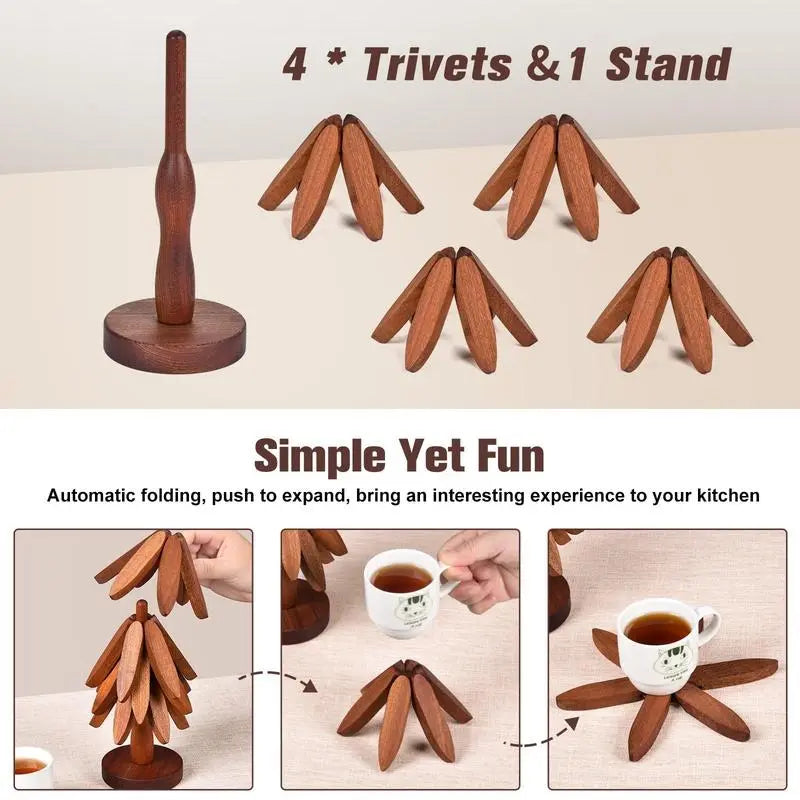 New Wooden Coasters Set for Hot Dishes - Christmas Tree Design! Foldable Home Kitchen Decor for Pots, Bowls, Cups & Hot Pots Kitchenware