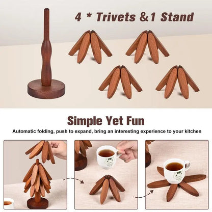 New Wooden Coasters Set for Hot Dishes - Christmas Tree Design! Foldable Home Kitchen Decor for Pots, Bowls, Cups & Hot Pots Kitchenware